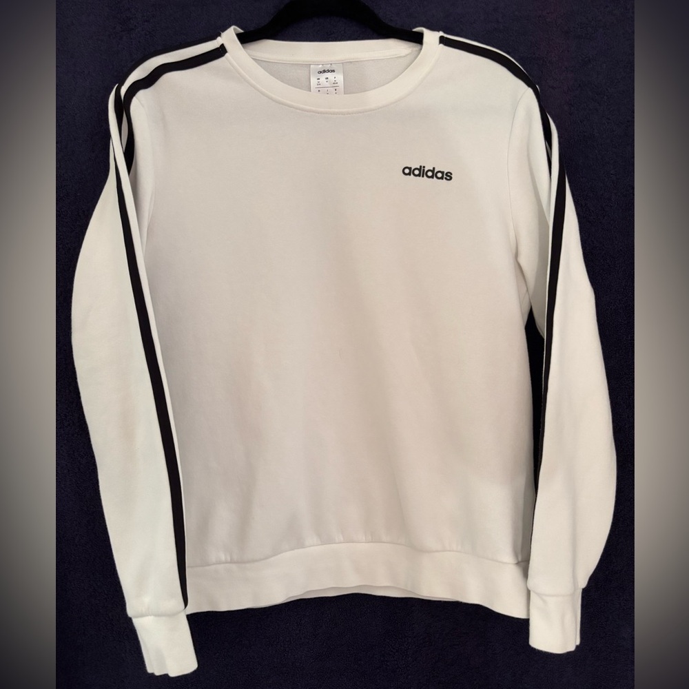 Adidas white fleece sweatshirt with black logo & 3 stripes $65 - Medium